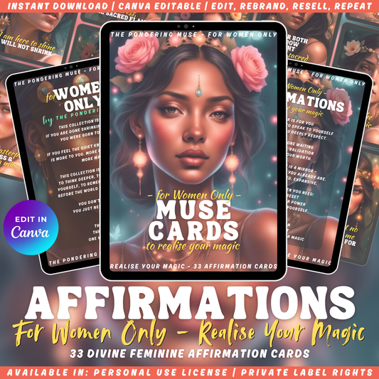Promotional graphic for the card deck "For women only - affirmations - muse cards - to realise your magic". Available in personal use license and private label rights.