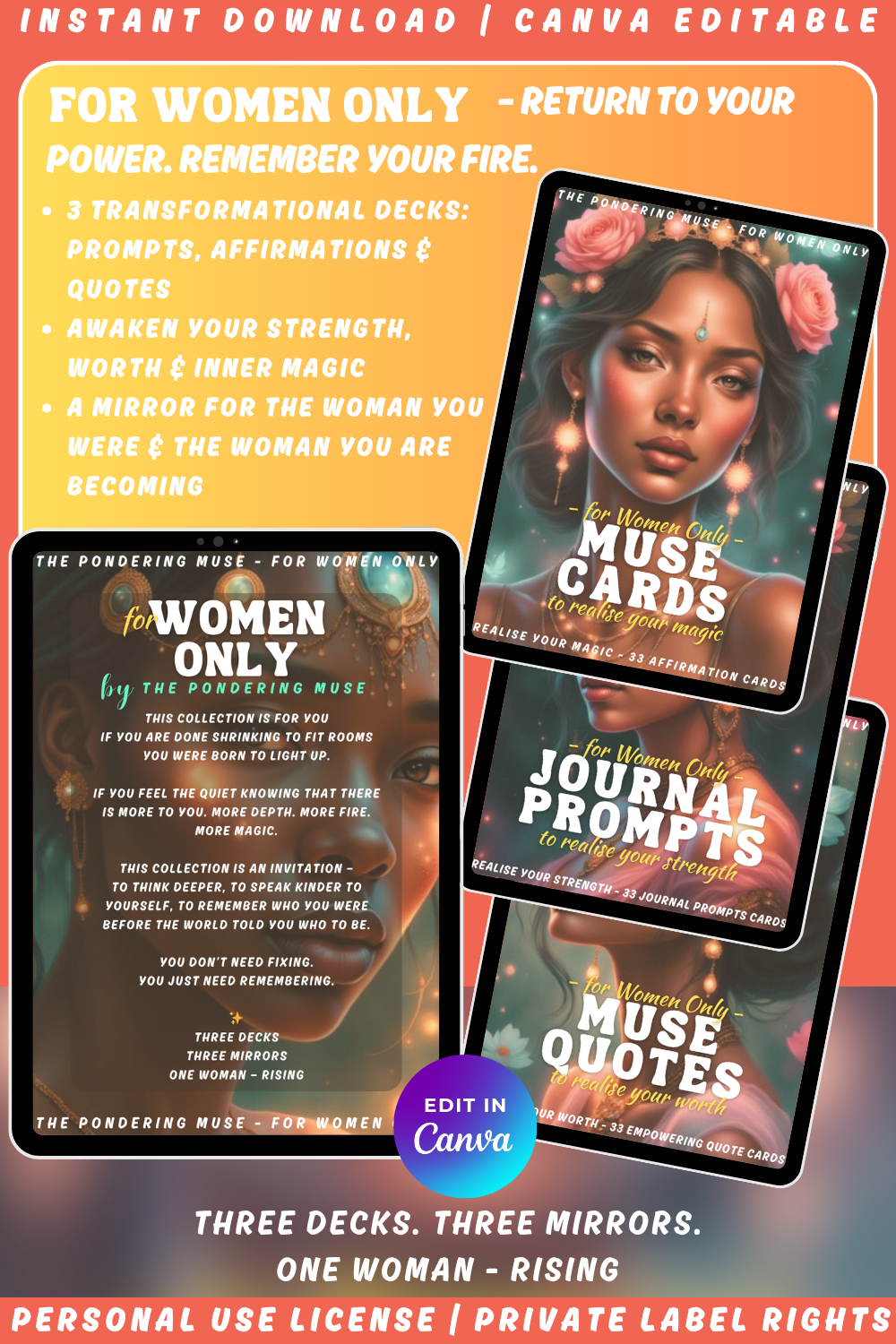 Promotional graphic for the card deck "For women only - affirmations - muse cards - to realise your magic". Available in personal use license and private label rights. Image showing the full collection including Journal prompts and quotes. 