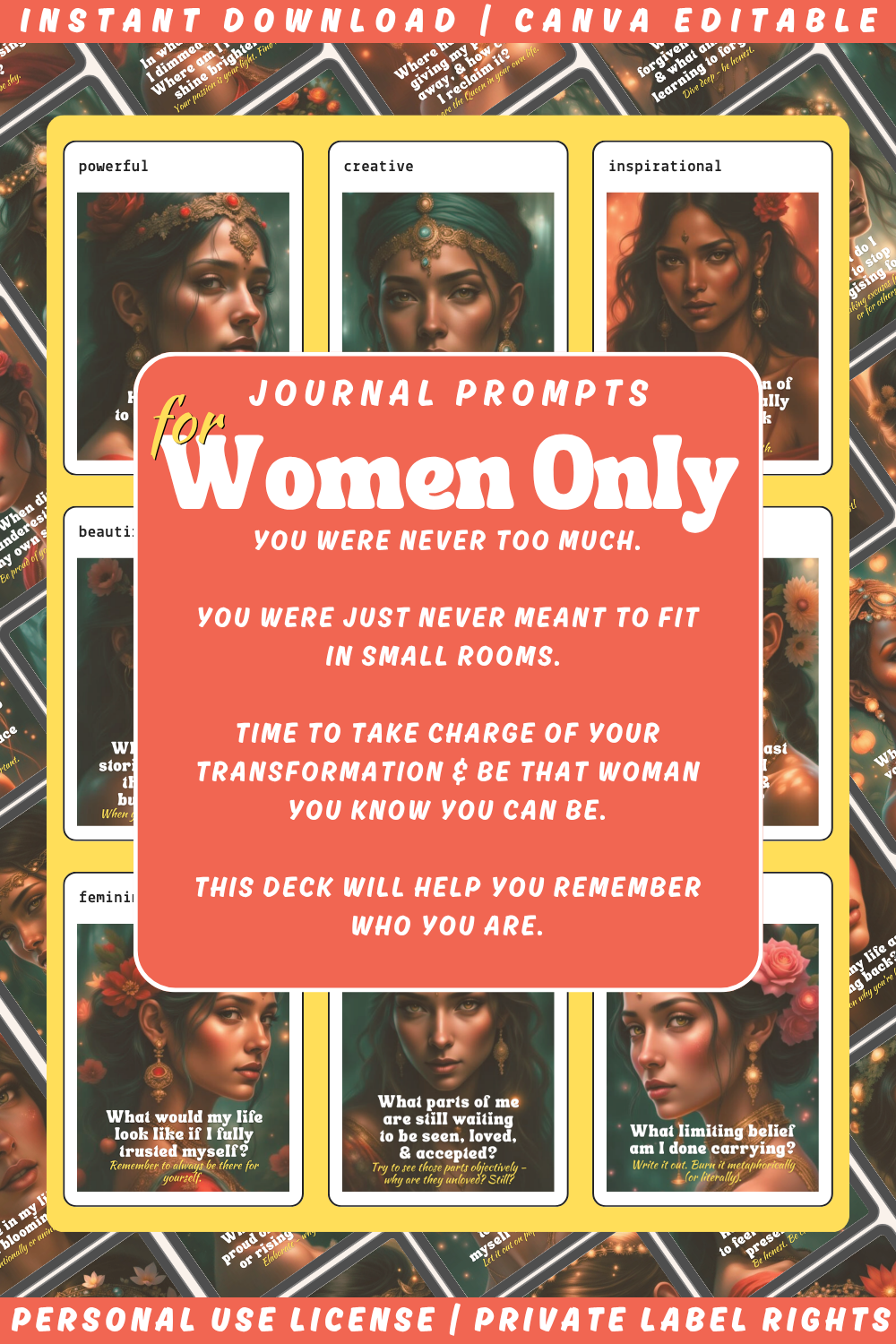 Promotional graphic for the journal prompts card deck "For women only - journal prompts - to realise your strength". Available in personal use license and private label rights.