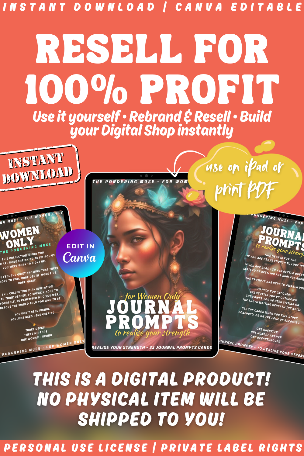 Promotional graphic for the journal prompts card deck "For women only - journal prompts - to realise your strength". Available in personal use license and private label rights.