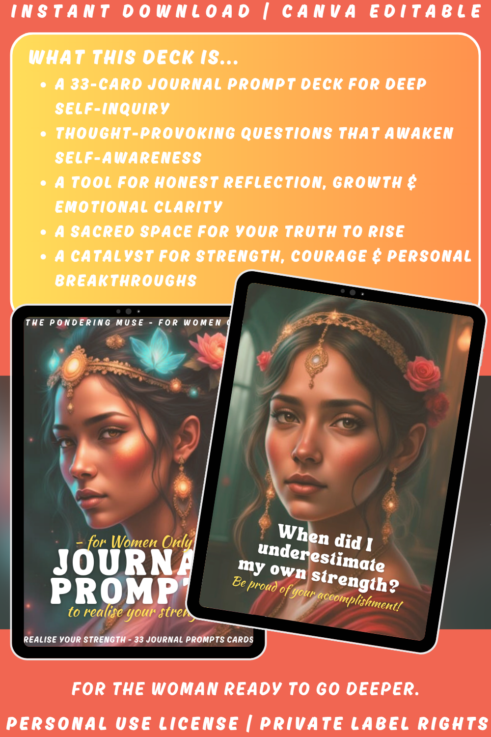Promotional graphic for the journal prompts card deck "For women only - journal prompts - to realise your strength". Available in personal use license and private label rights. image explaining what this deck i
