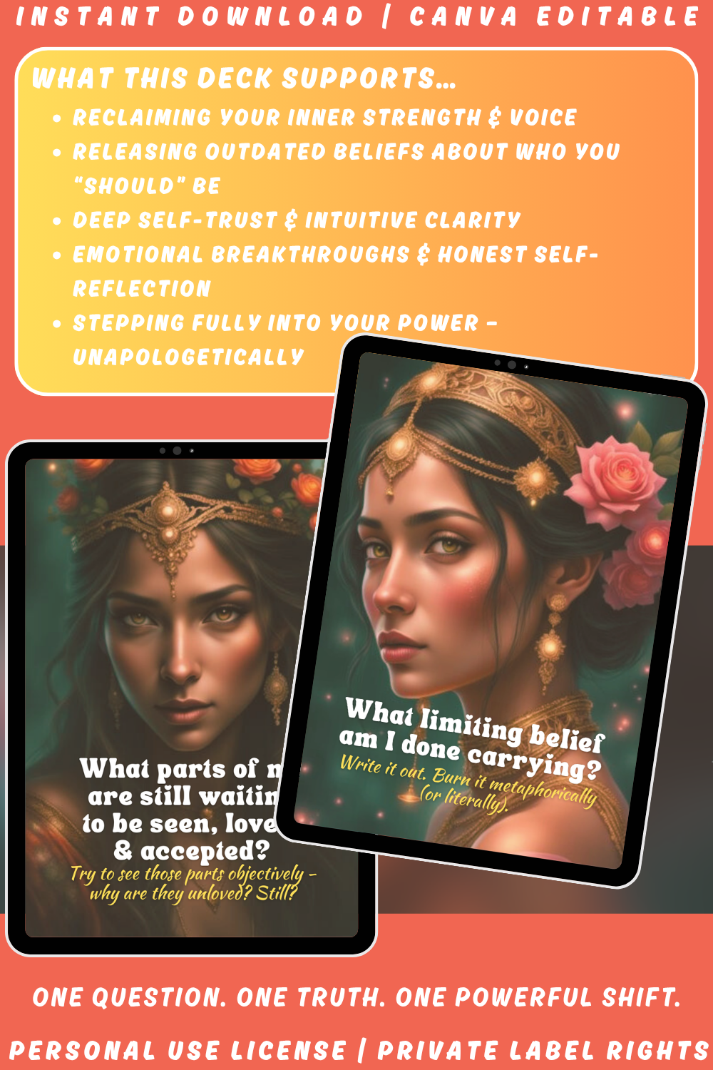 Promotional graphic for the journal prompts card deck "For women only - journal prompts - to realise your strength". Available in personal use license and private label rights. image explaining what this deck supports