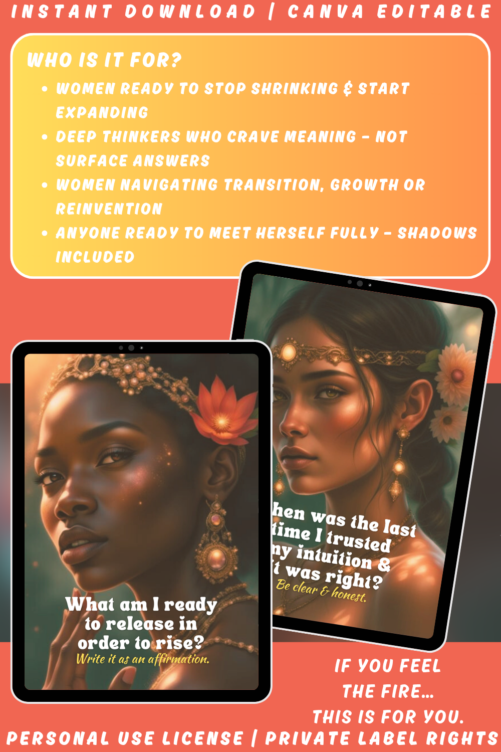 Promotional graphic for the journal prompts card deck "For women only - journal prompts - to realise your strength". Available in personal use license and private label rights. image explaining who the deck is for