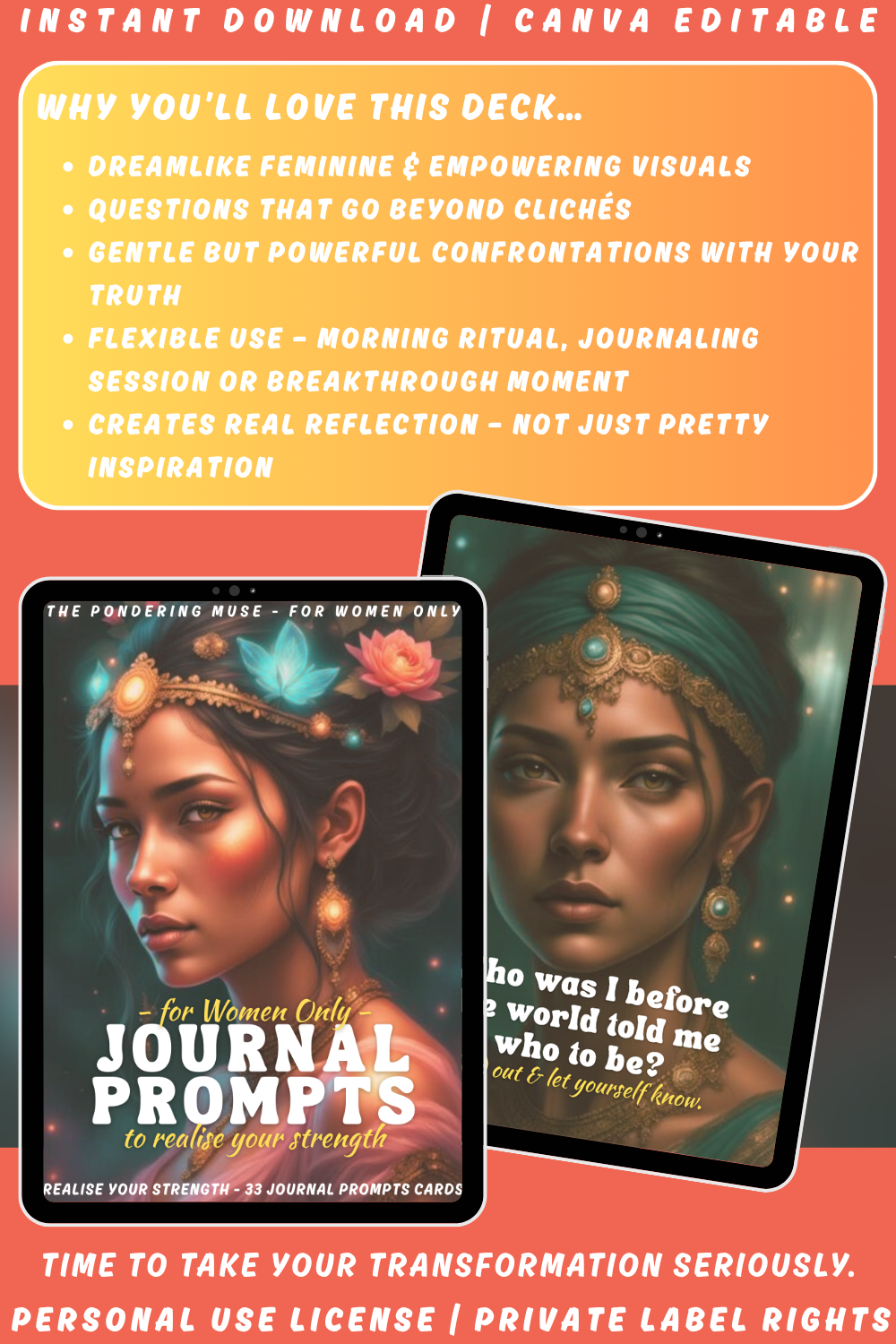 Promotional graphic for the journal prompts card deck "For women only - journal prompts - to realise your strength". Available in personal use license and private label rights. image explaining why you'll love this deck