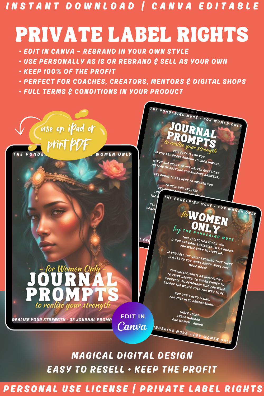 Promotional graphic for the journal prompts card deck "For women only - journal prompts - to realise your strength". Available in personal use license and private label rights. image explaining private label rights