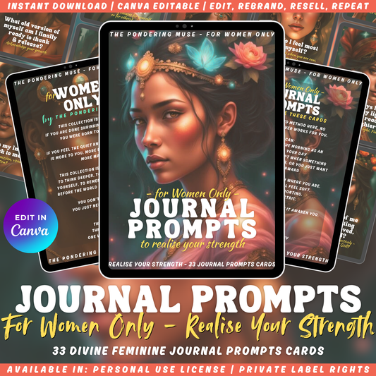 Promotional graphic for the journal prompts card deck "For women only - journal prompts - to realise your strength". Available in personal use license and private label rights.
