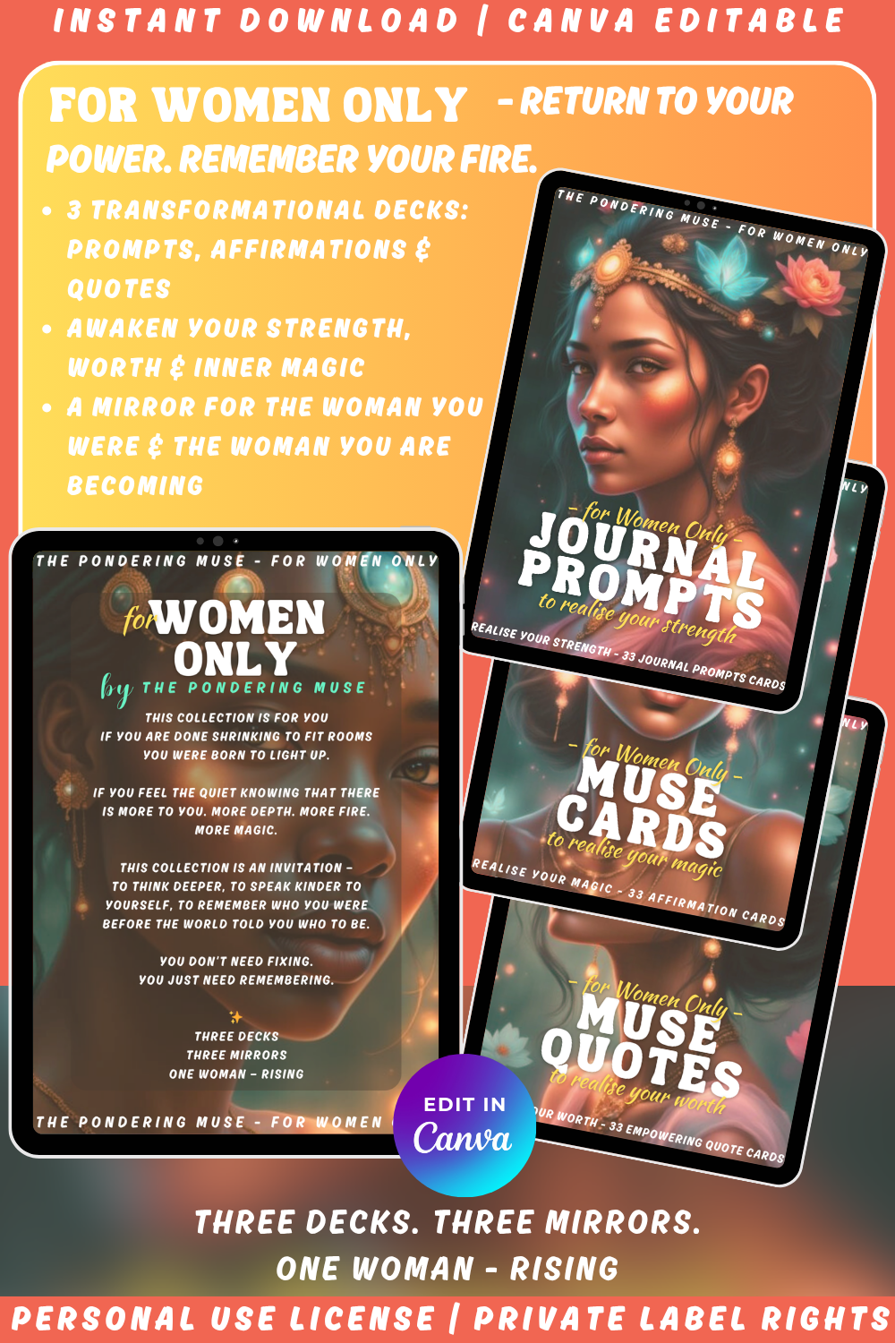 Promotional graphic for the journal prompts card deck "For women only - journal prompts - to realise your strength". Available in personal use license and private label rights.