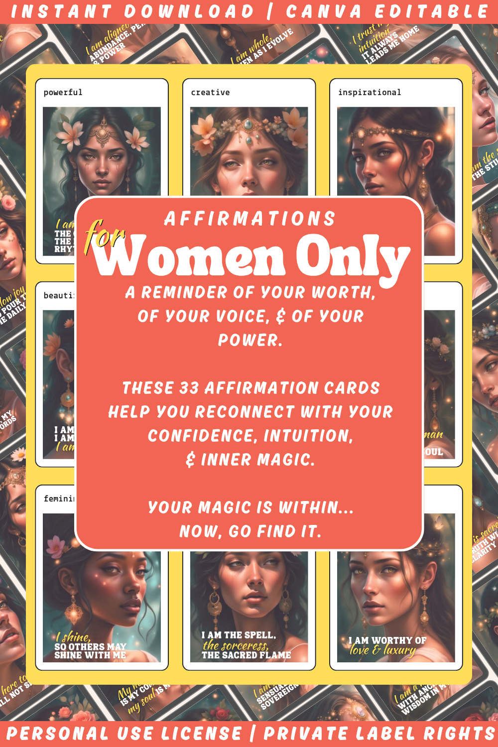 Promotional graphic for the card deck "For women only - affirmations - muse cards - to realise your magic". Available in personal use license and private label rights. Image showing a collage with previews of the affirmation cards. 