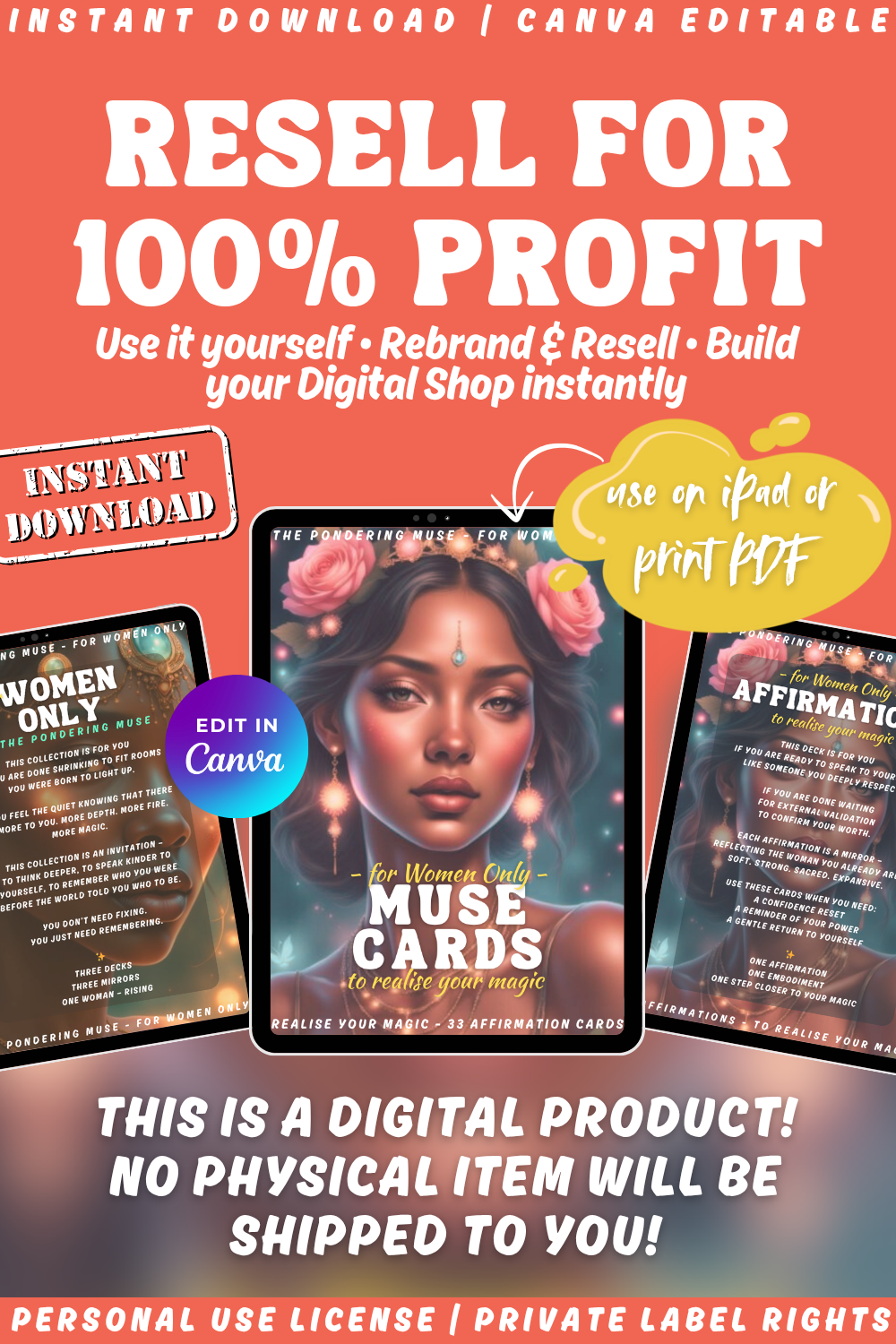 Promotional graphic for the card deck "For women only - affirmations - muse cards - to realise your magic". Available in personal use license and private label rights.