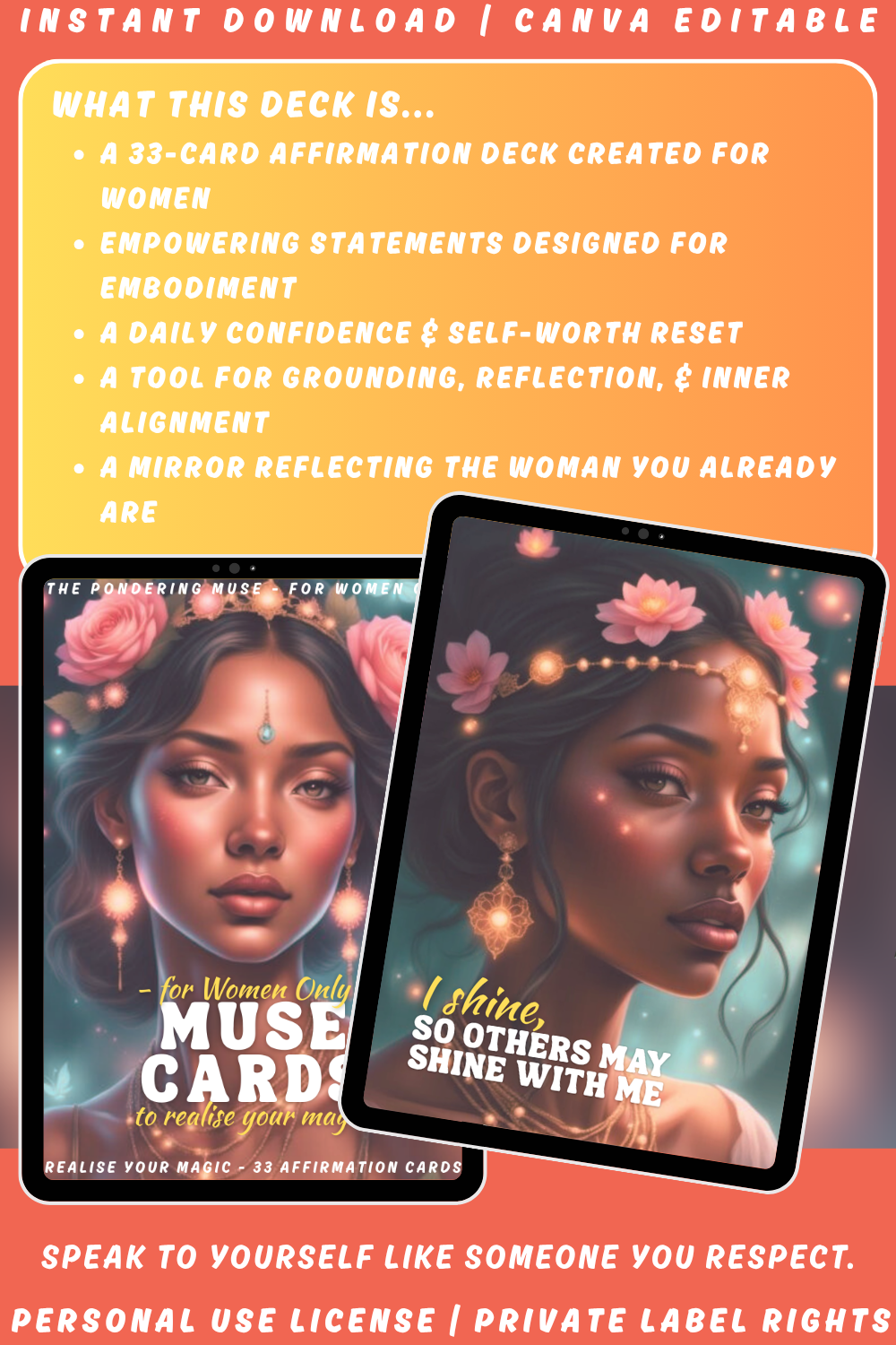 Promotional graphic for the card deck "For women only - affirmations - muse cards - to realise your magic". Available in personal use license and private label rights. image explaining what this deck is
