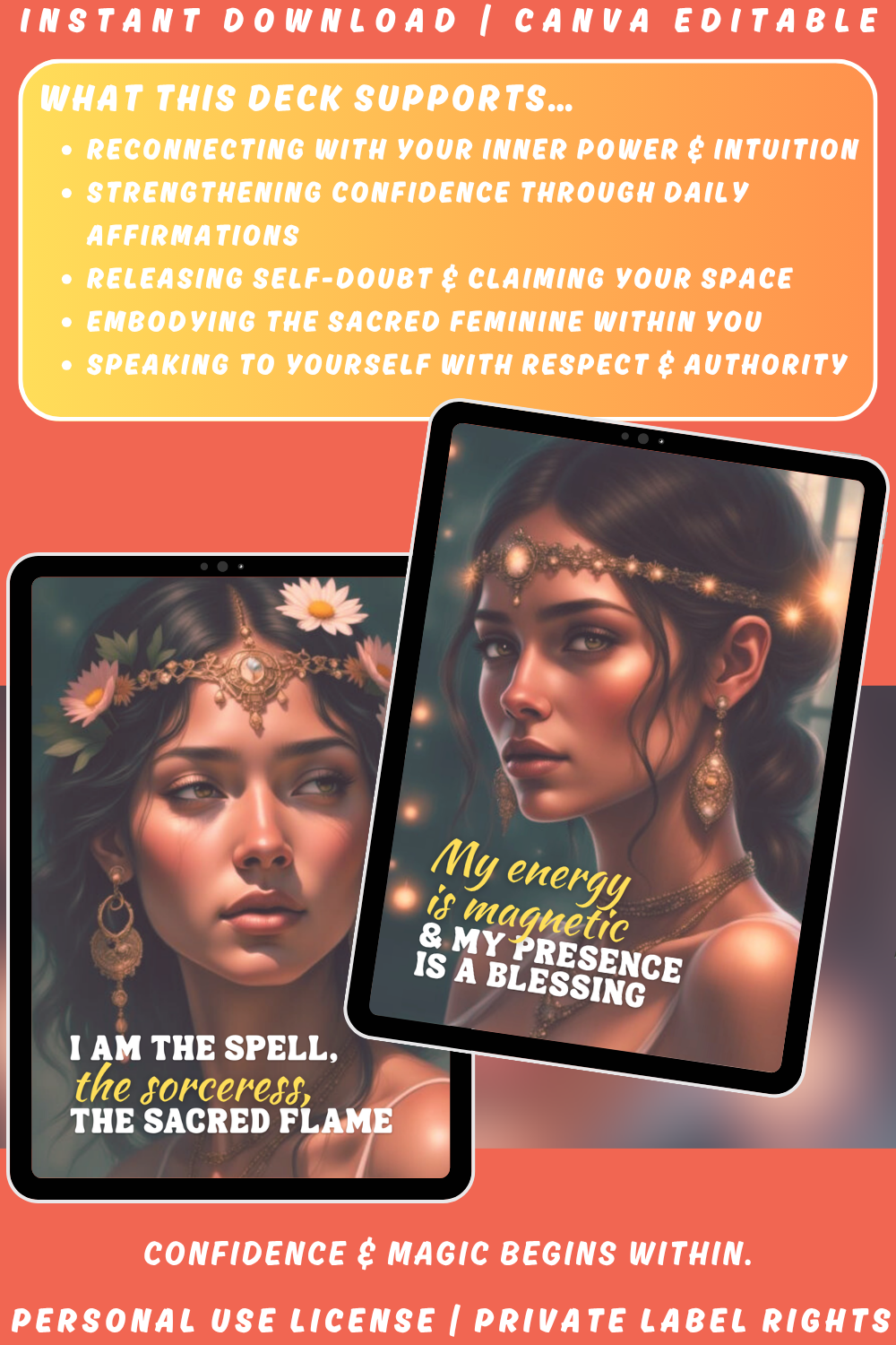 Promotional graphic for the card deck "For women only - affirmations - muse cards - to realise your magic". Available in personal use license and private label rights. image explaining what this deck supports.