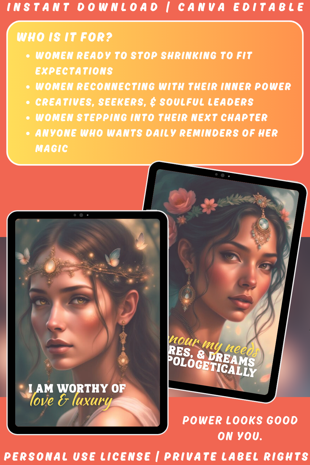 Promotional graphic for the card deck "For women only - affirmations - muse cards - to realise your magic". Available in personal use license and private label rights. image explaining who this deck is for. 