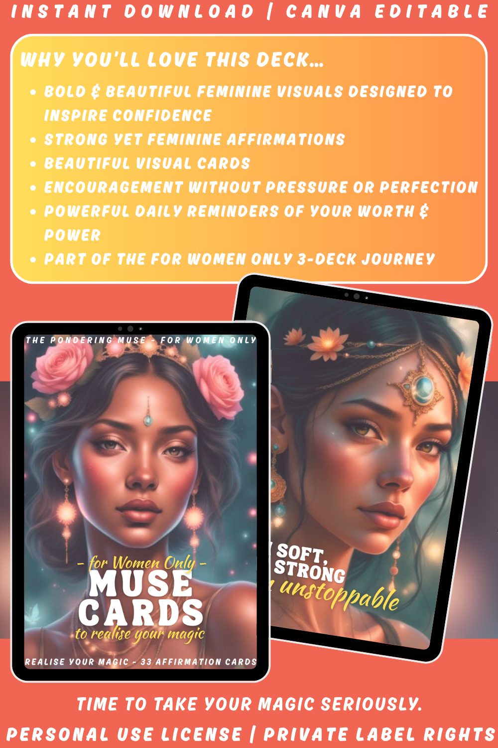 Promotional graphic for the card deck "For women only - affirmations - muse cards - to realise your magic". Available in personal use license and private label rights. image explaining why you'll love this deck. 