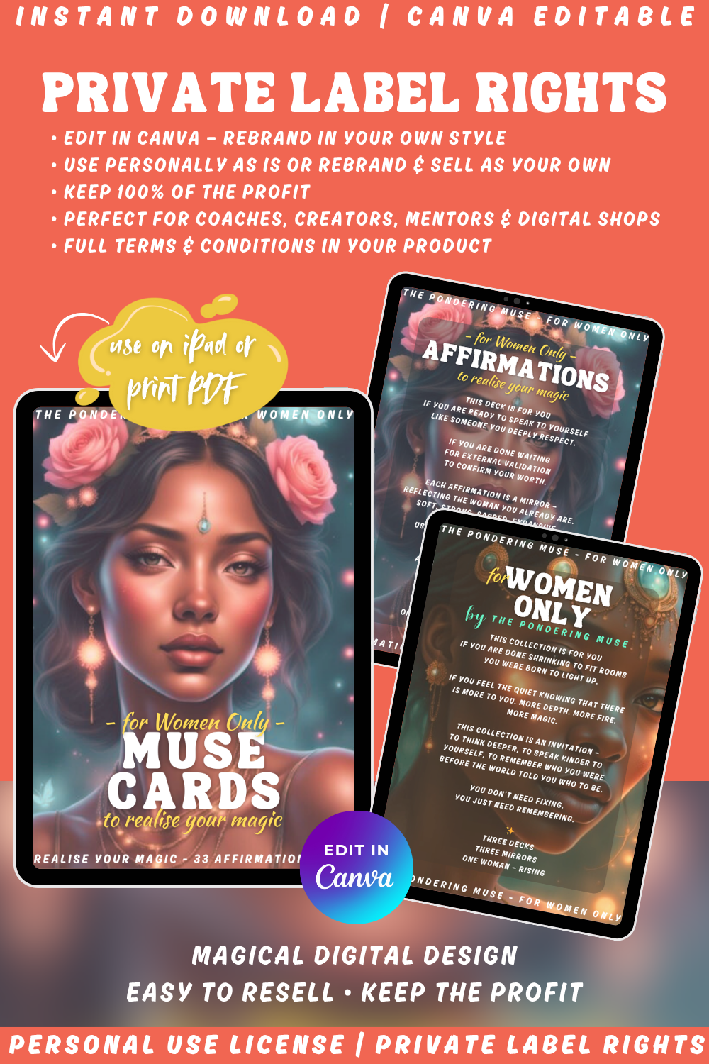 Promotional graphic for the card deck "For women only - affirmations - muse cards - to realise your magic". Available in personal use license and private label rights.