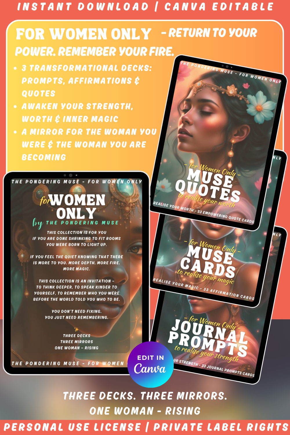 Promotional graphic for the affirmation deck "For women only - quotes to realise your worth". A deck with quotes by women and for women. Available in personal use license and private label rights. Showcasing the entire collection including the other two decks: Journal prompts and affirmations.