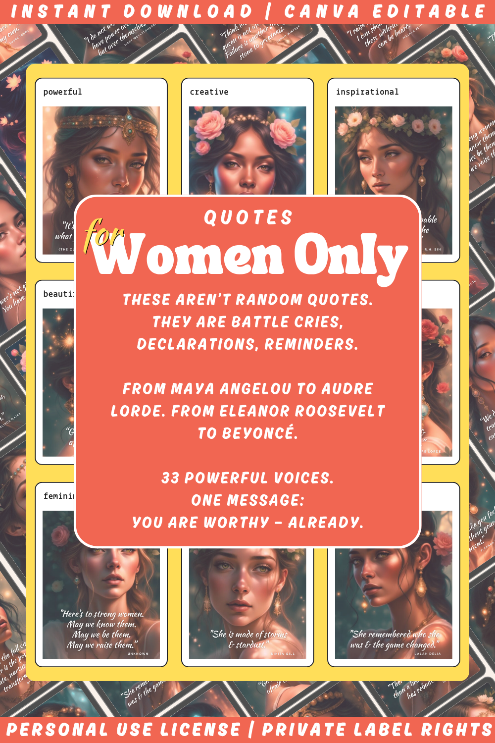 Promotional graphic for the affirmation deck "For women only - quotes to realise your worth". A deck with quotes by women and for women. Available in personal use license and private label rights. Image showing a collage with previews of the quotes cards 