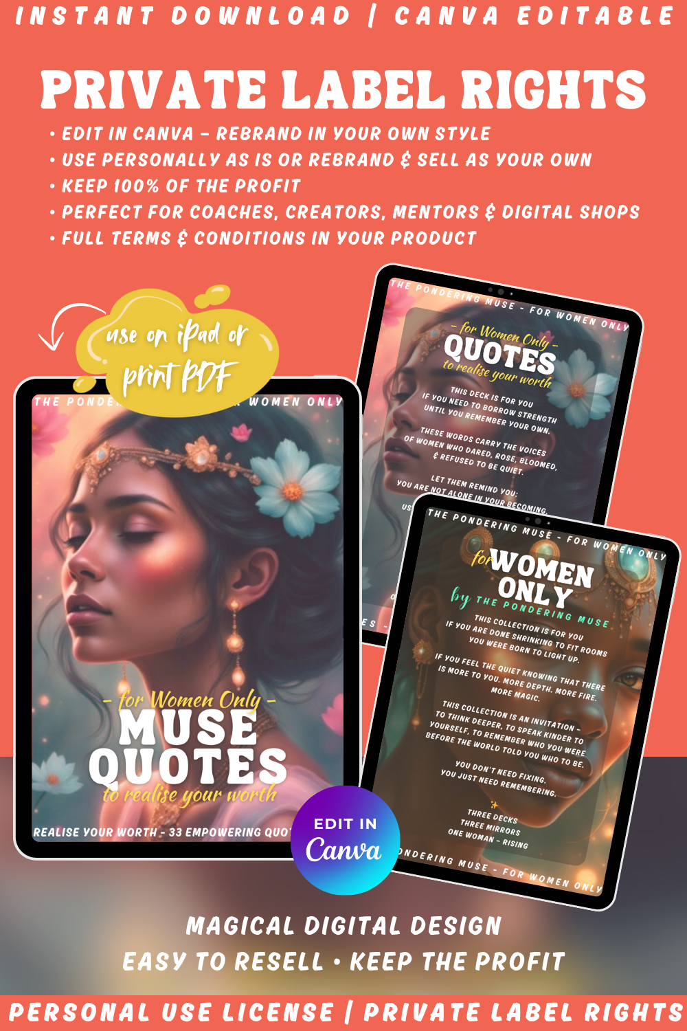 Promotional graphic for the affirmation deck "For women only - quotes to realise your worth". A deck with quotes by women and for women. Available in personal use license and private label rights. Image explaining private label rights. 