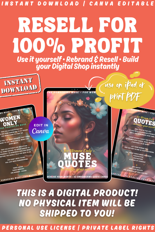 Promotional graphic for the affirmation deck "For women only - quotes to realise your worth". A deck with quotes by women and for women. Available in personal use license and private label rights. image explaining private label rights