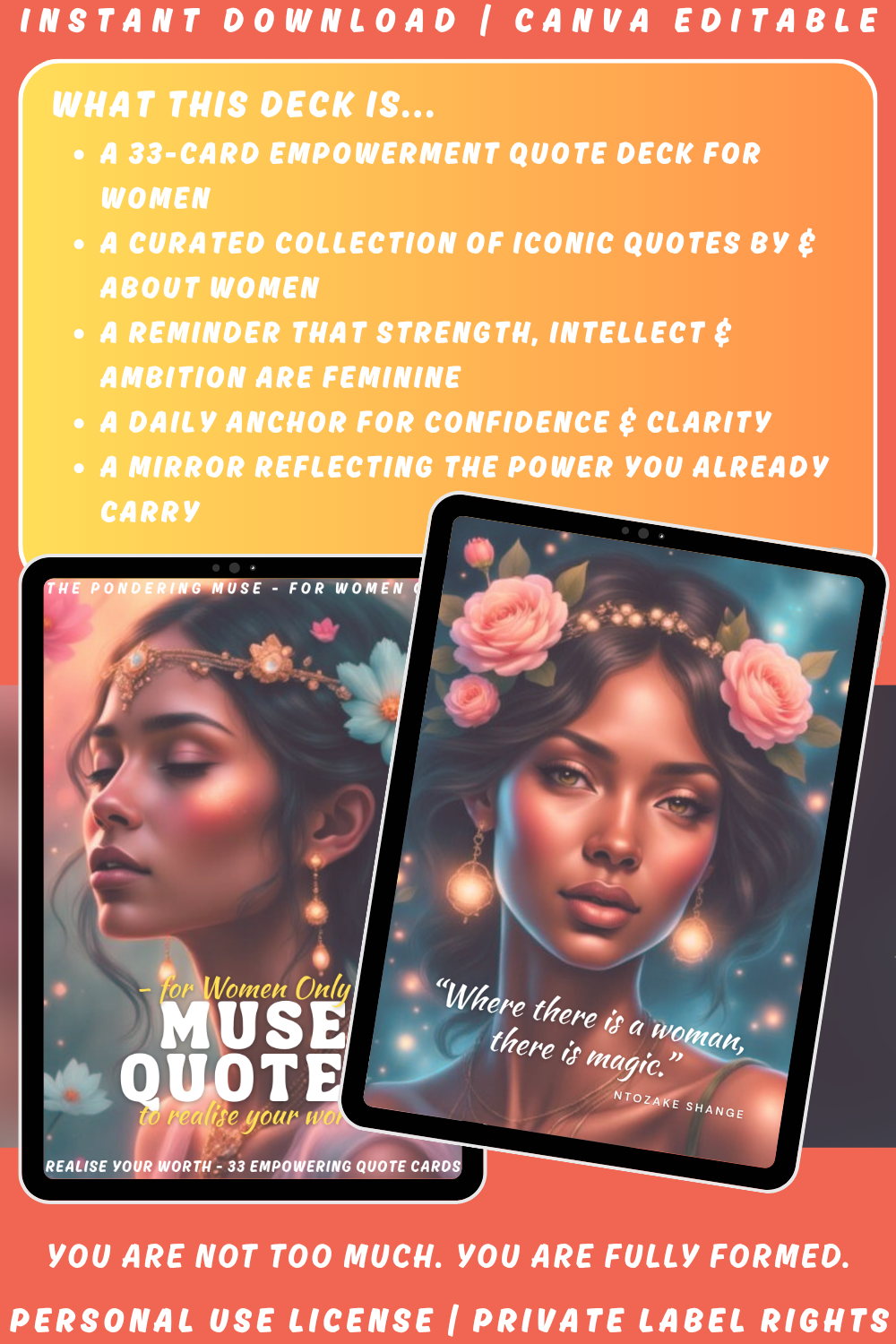 Promotional graphic for the affirmation deck "For women only - quotes to realise your worth". A deck with quotes by women and for women. Available in personal use license and private label rights. image explaining what this deck is