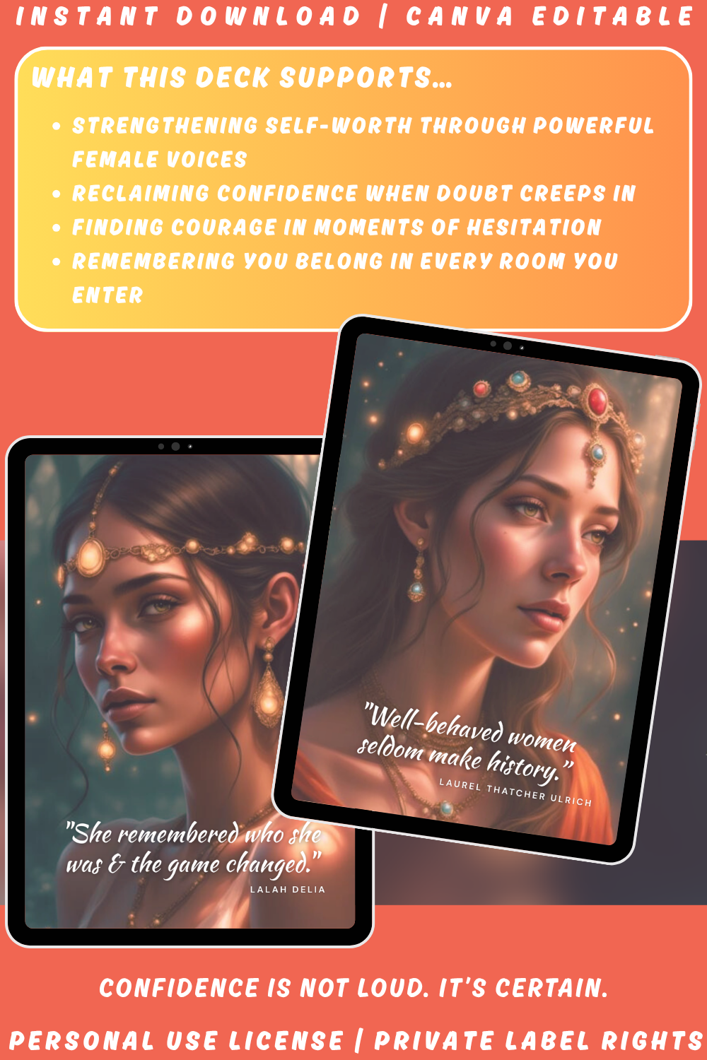 Promotional graphic for the affirmation deck "For women only - quotes to realise your worth". A deck with quotes by women and for women. Available in personal use license and private label rights. image explaining what this deck supports. 