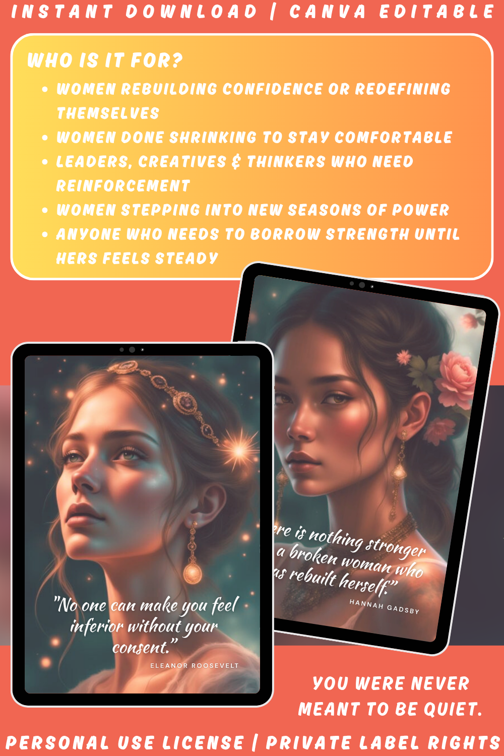 Promotional graphic for the affirmation deck "For women only - quotes to realise your worth". A deck with quotes by women and for women. Available in personal use license and private label rights. image explaining who this deck is for
