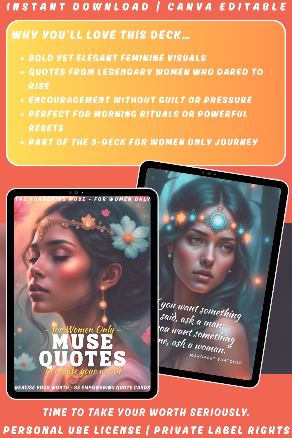 Promotional graphic for the affirmation deck "For women only - quotes to realise your worth". A deck with quotes by women and for women. Available in personal use license and private label rights. image explaining why you'll love this deck. 