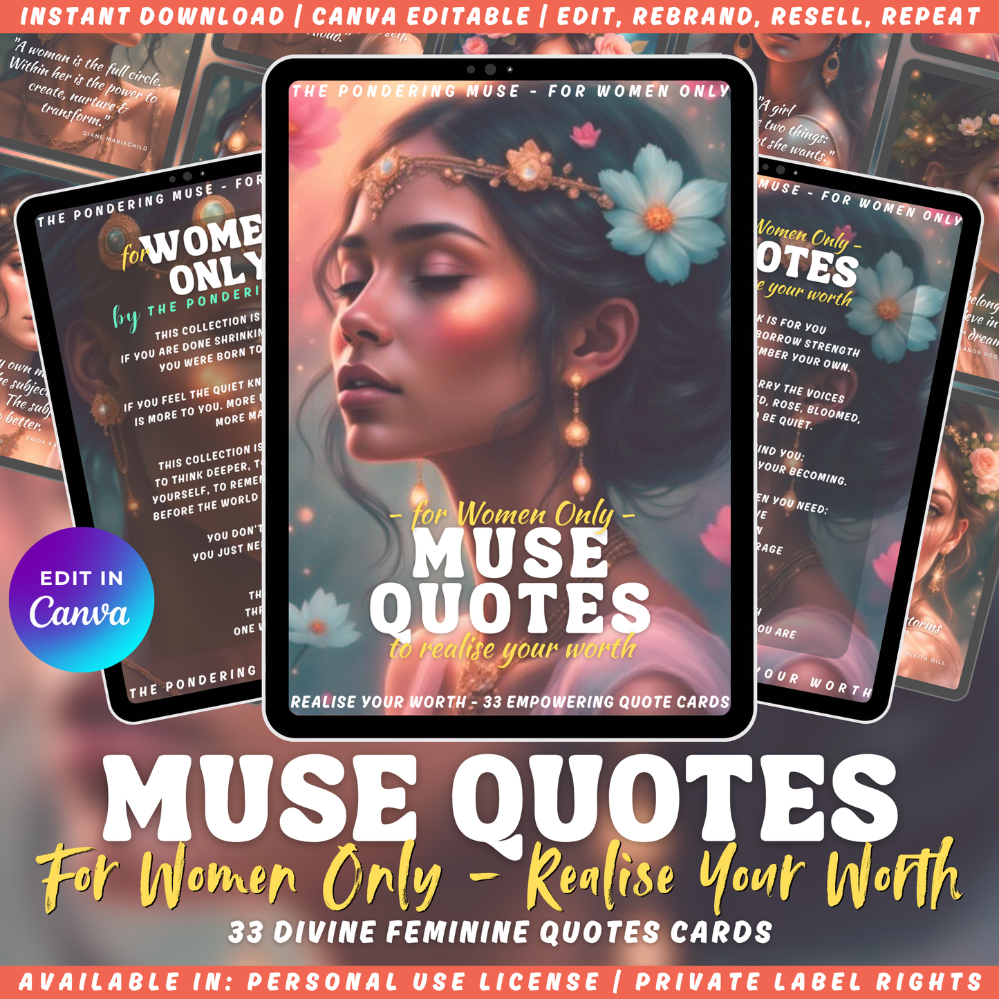Promotional graphic for the affirmation deck "For women only - quotes to realise your worth". A deck with quotes by women and for women. Available in personal use license and private label rights.
