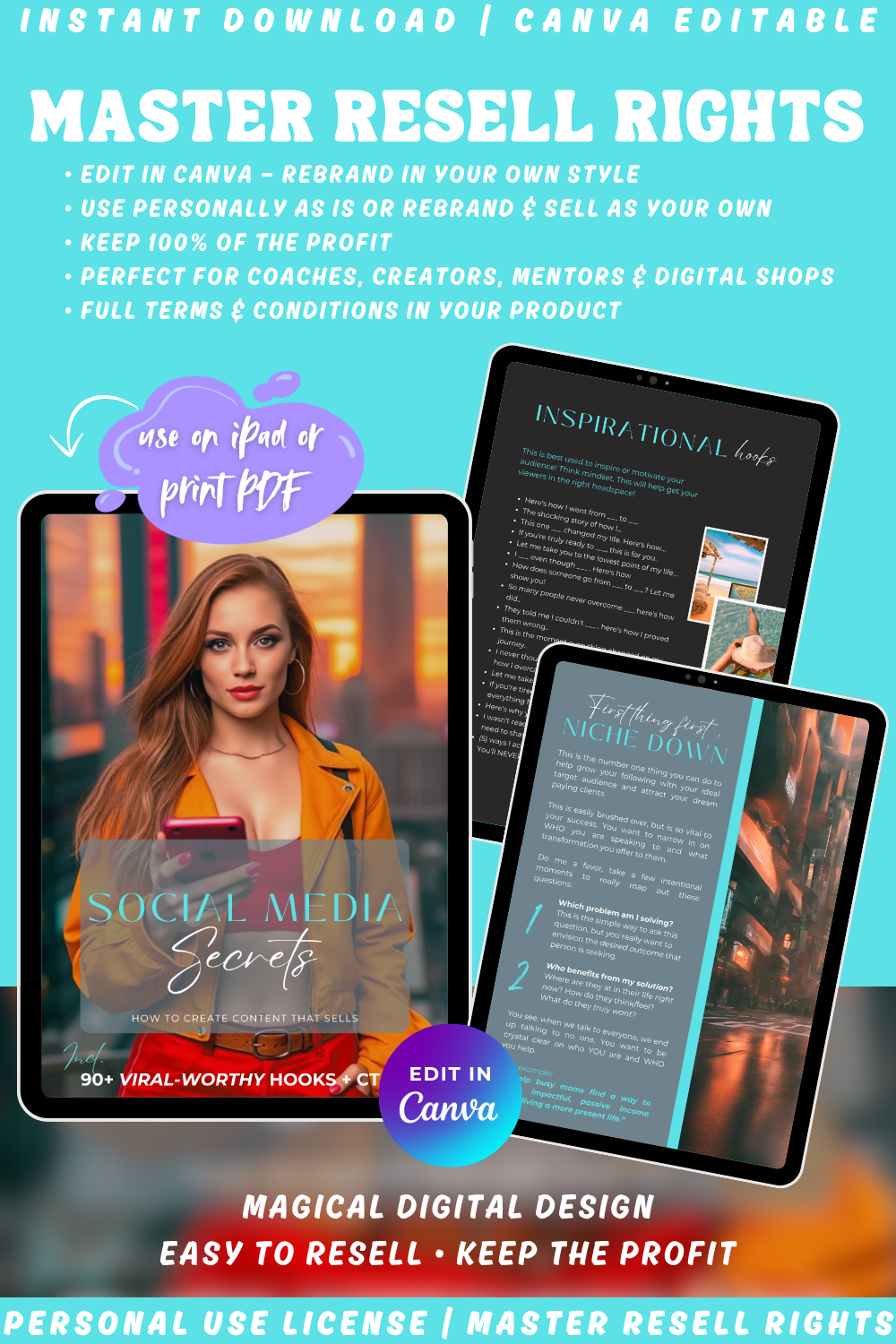 Promotional graphic explaining private label rights and master resell rights for the guide "Social media secrets - how to create content that sells". Instant download, editable in canva (depending on the license you buy)