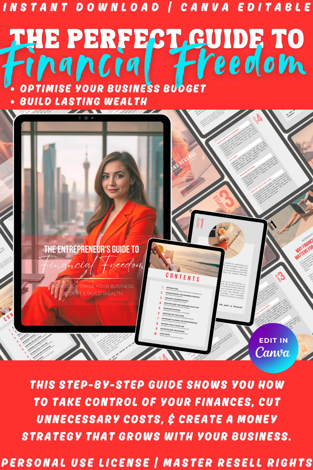 Cover of a financial guide with a woman on a tablet and text about optimizing business budget and building wealth.