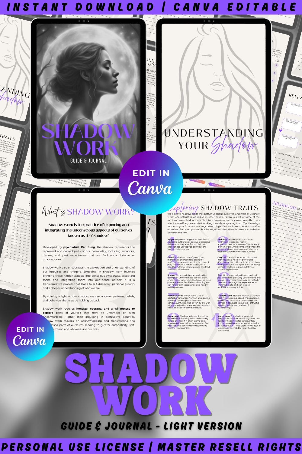 Collage of previews from the "Shadow Work guide and journal". Canva editable. Available in private label rights and master resell rights. resell and keep profits. also available in personal use license.