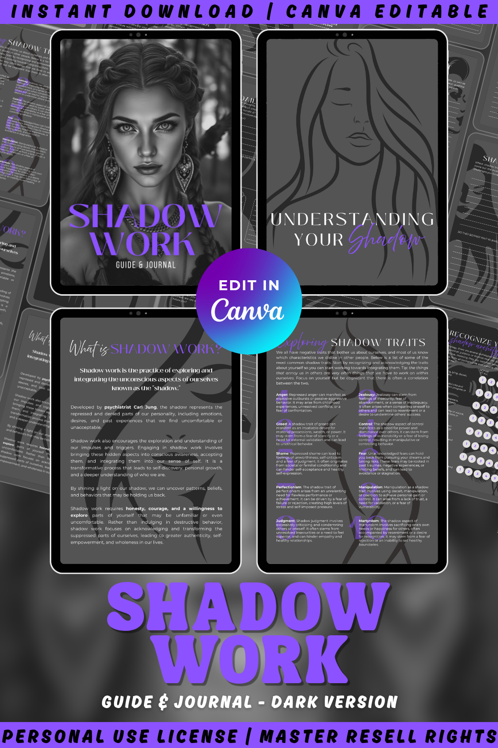 "Shadow Work guide and journal" helps you understand your shadow. Image overview of the pages inside. What is shadow work? Available in personal use license and master resell rights. Editable in canva. 