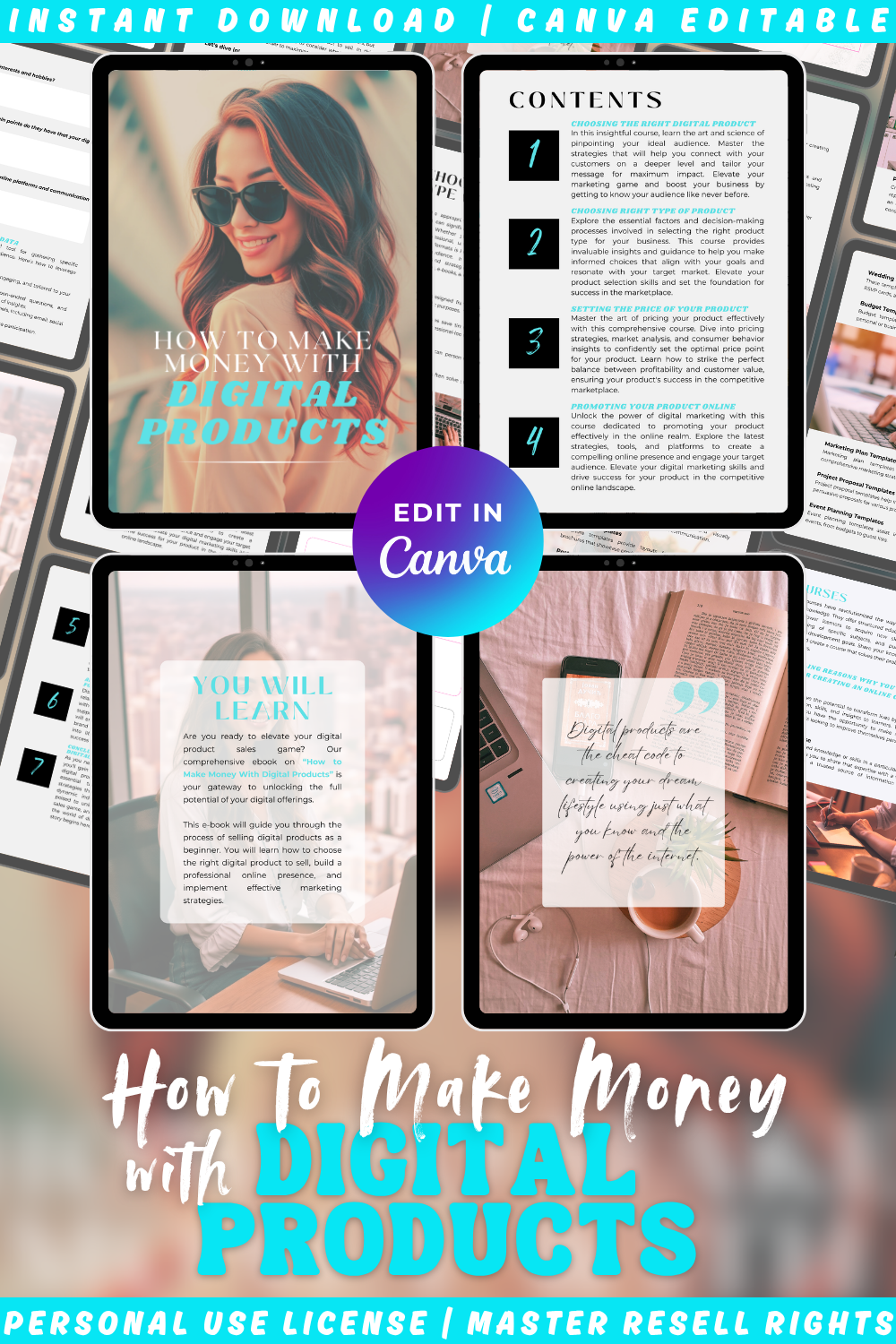 Cover of "How to make money with digital products" - a beginner's guide to online income. The image showcase previews of the pages from the ebook.