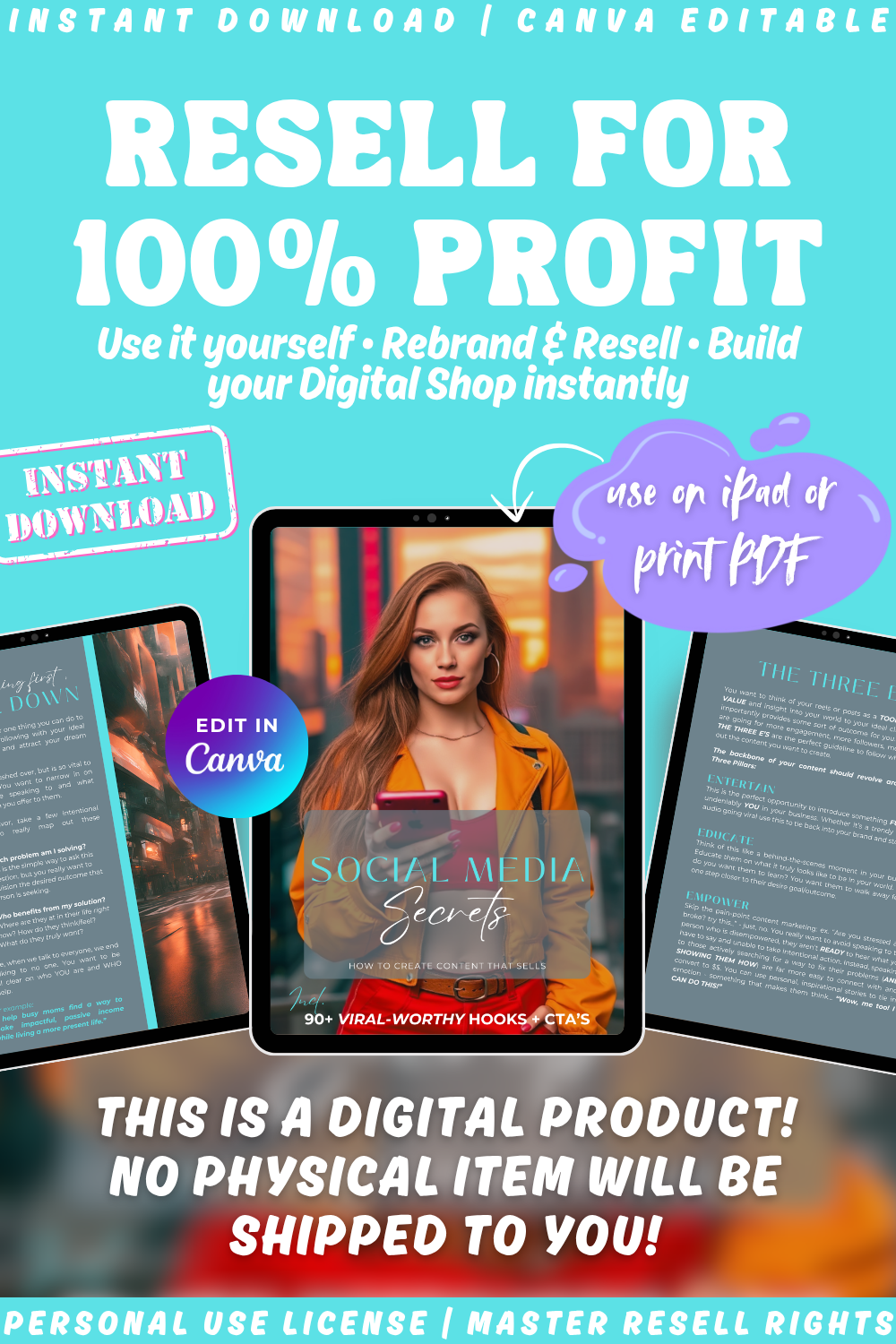 Promotional graphic for a digital product about Social media - how to create selling content. Available in personal use license, private label rights or master resell rights. Instant download.