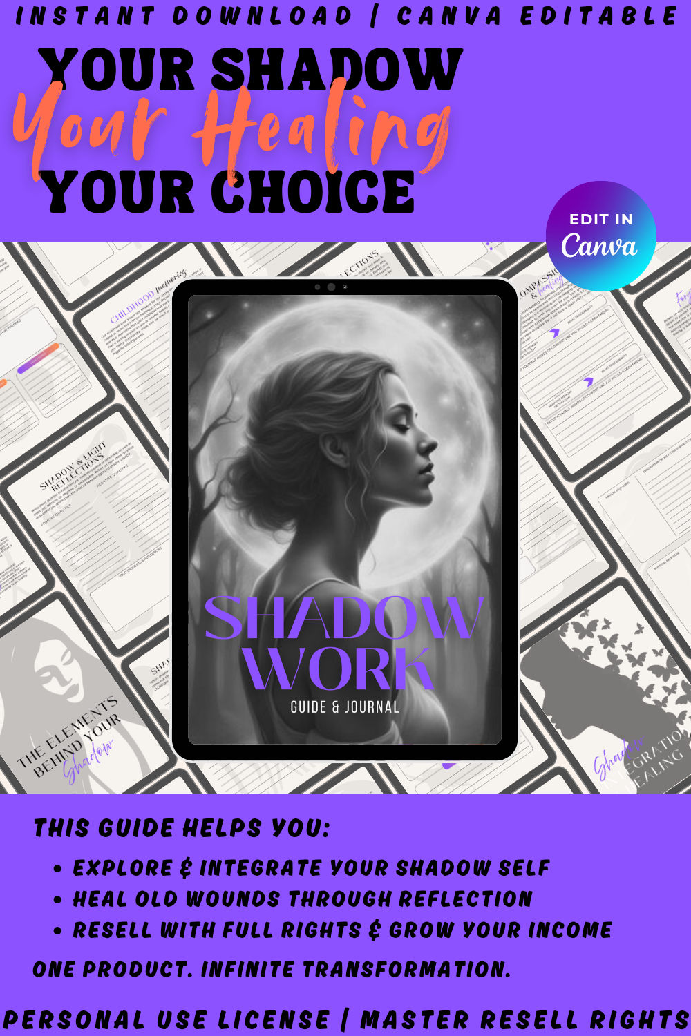 Your shadow, your healing. Use this Shadow work guide to explore and integrate your shadow sel, heal old wounds through reflection. Available in personal use license, private label rights and master resell rights. 