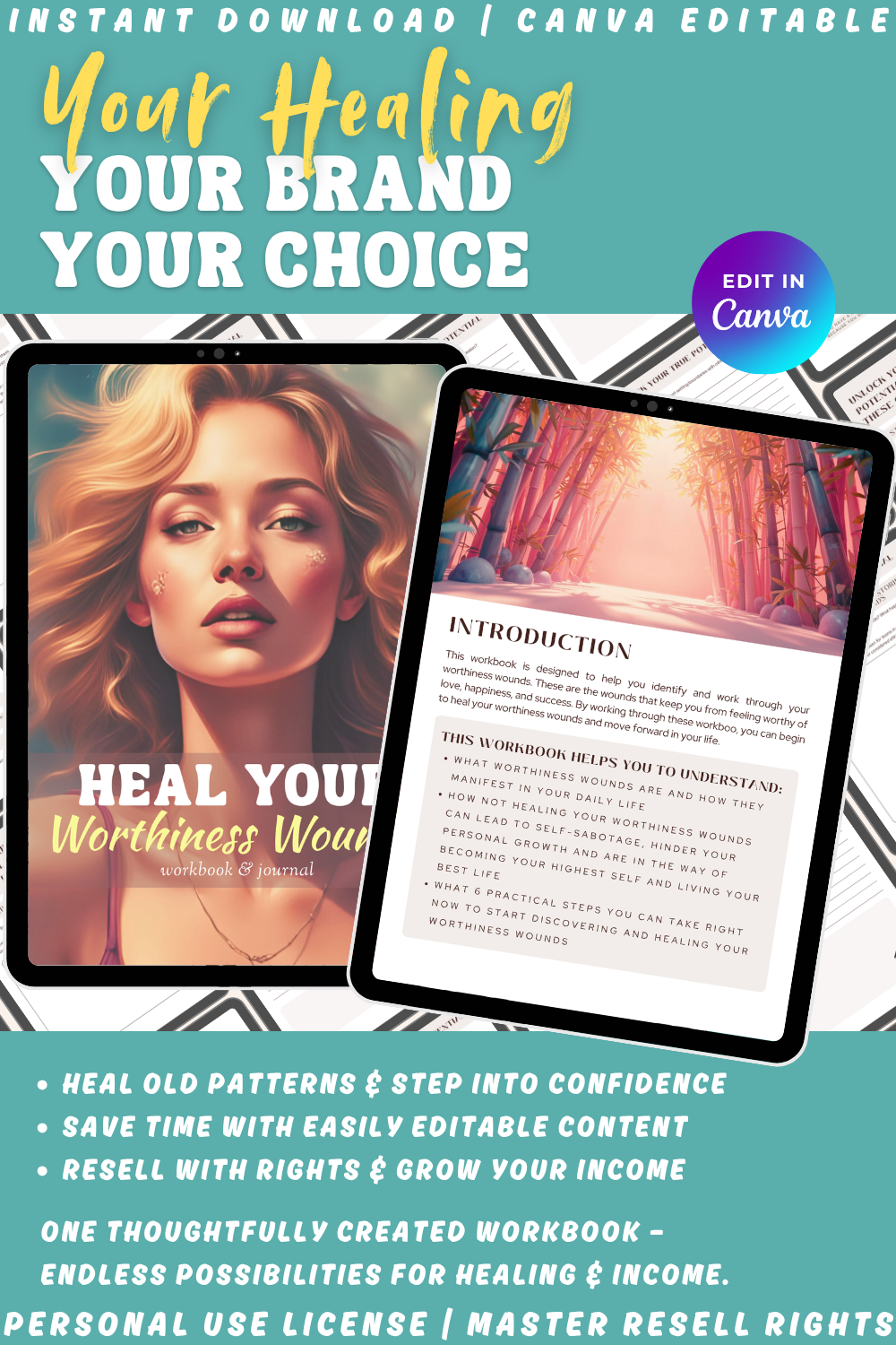 Promotional graphic for a workbook titled 'Heal Your Worthiness Wound' with text about PLR and MRR.