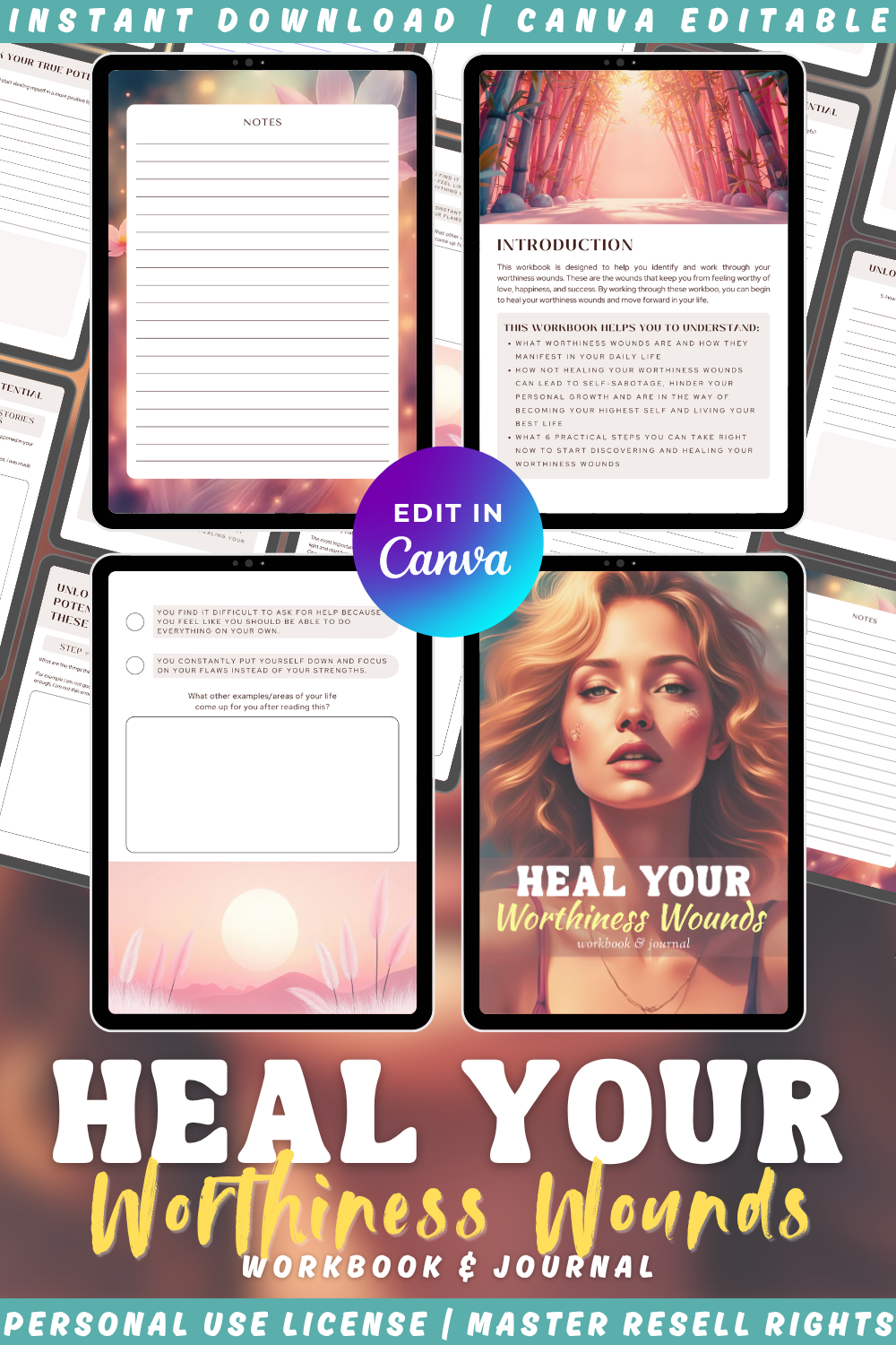 Cover of 'Heal Your Worthiness Wounds' workbook and journal with Canva branding.