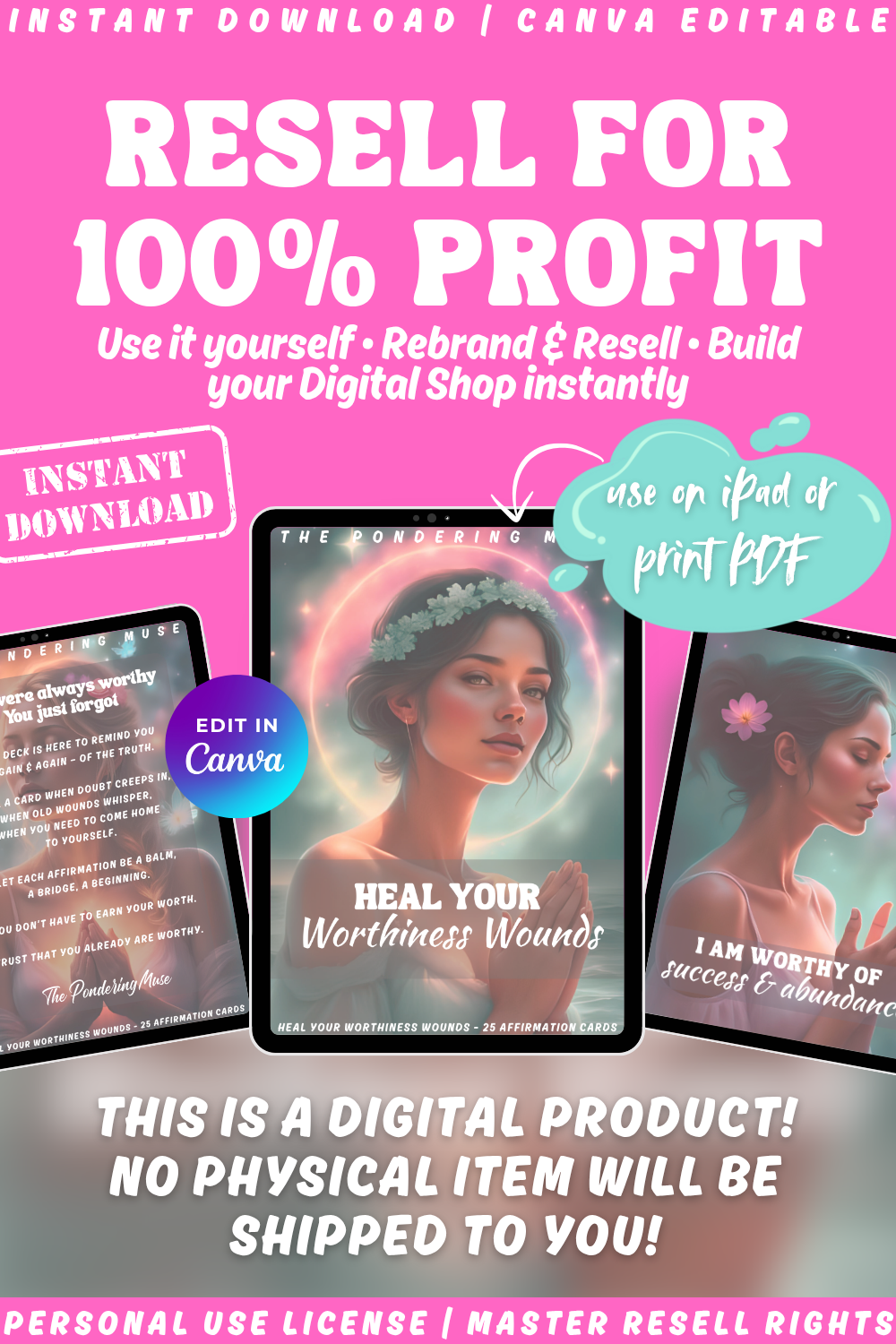 Digital product packaging with text about resale rights and digital download on a pink background