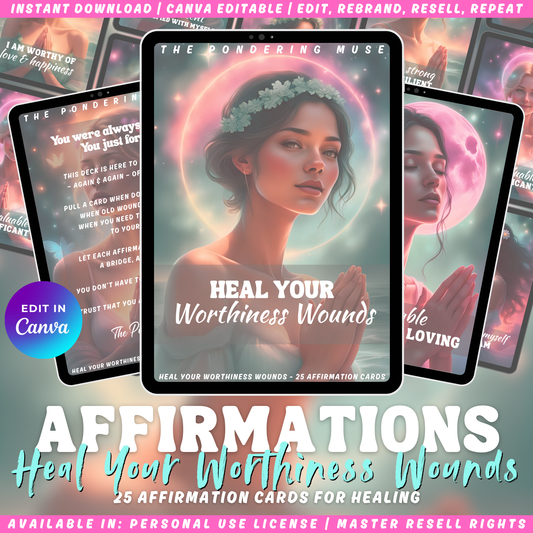 Product packaging for 'Heal Your Worthiness Wounds' affirmations with a woman's face on a tablet screen.