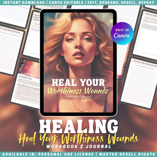 Digital workbook and journal cover with a woman's face and text 'Heal Your Worthiness Wounds' on a tablet, surrounded by similar documents.