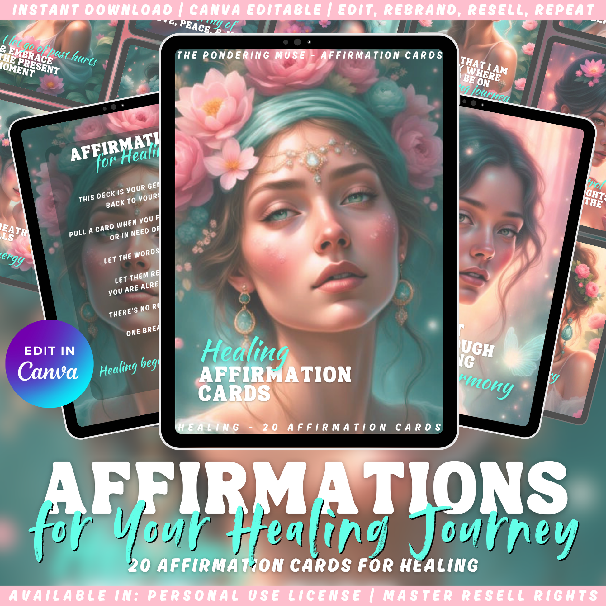 Promotional graphic for 'Affirmations for your Healing Journey' cards with a woman's face and floral elements. 
