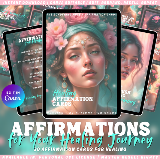 Promotional graphic for 'Affirmations for your Healing Journey' cards with a woman's face and floral elements. 