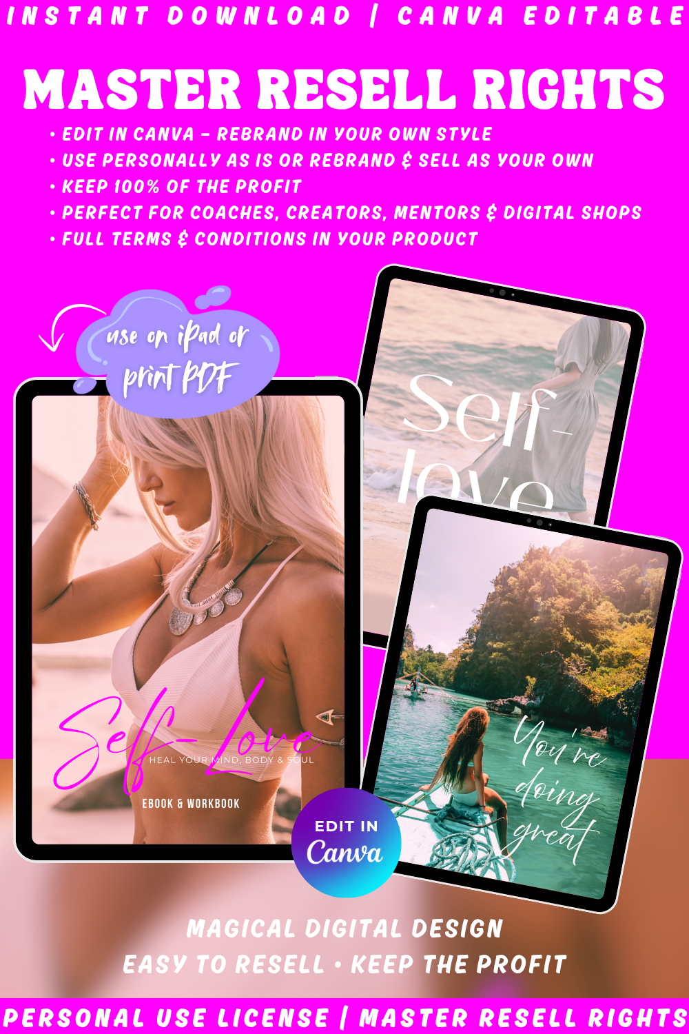 The ebook and workbook "Self-Love - heal your mind, body and soul" is editable in canva. rebrand and resell, keep 100% profit. available in private label rights and master resell rights. 