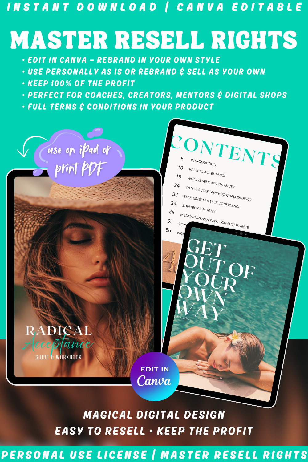 Cover and preview of the guide and workbook "Radical Acceptance" - a self-love tool for your inner journey. Available in personal use license, private label rights and master resell rights. 