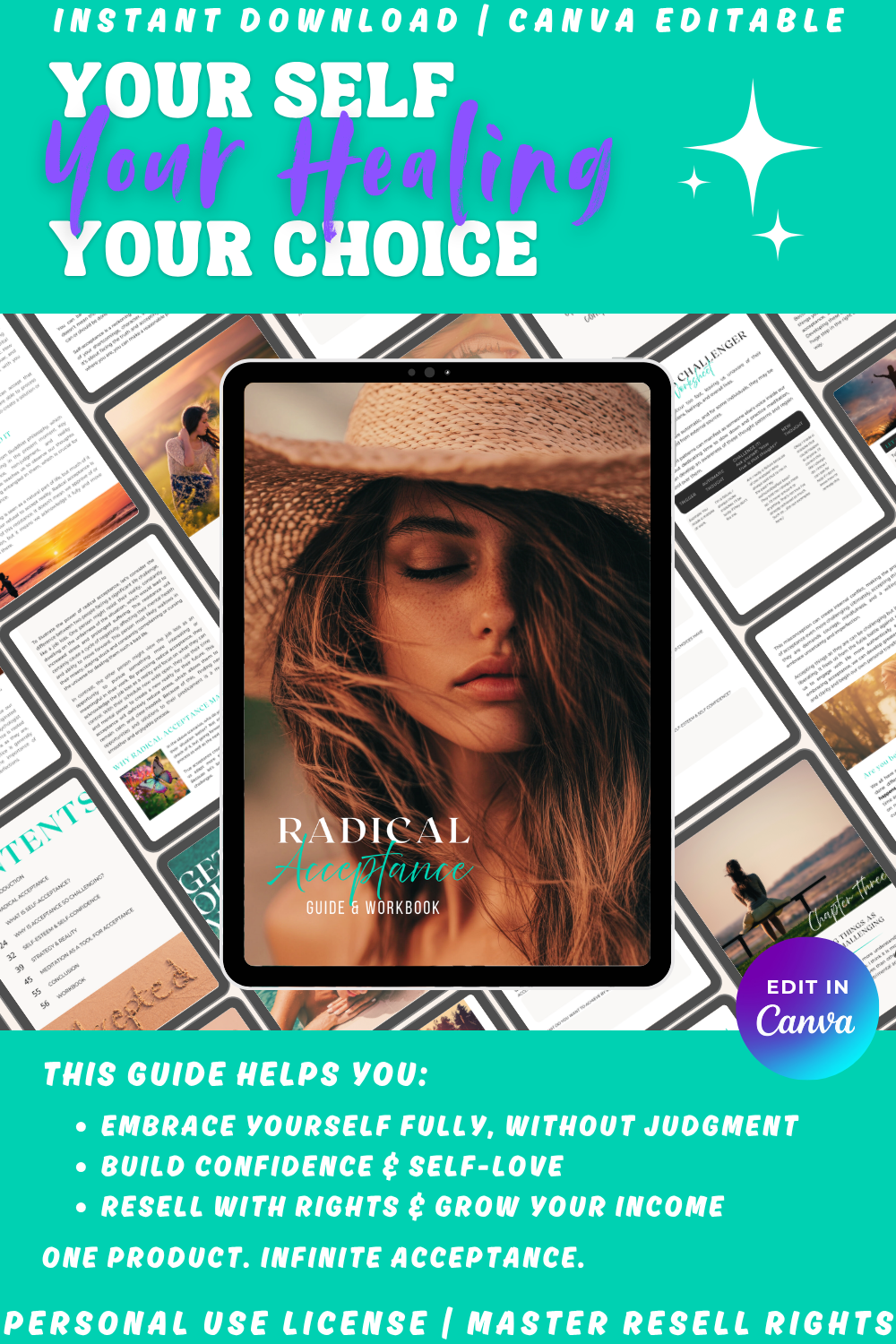 Promotion graphic of the guide and workbook "Radical Acceptance" - a healing tool for better self-esteem and self-compassion. Build your confidence and when you're done sell it and keep 100% of the profits. Buy with PLR or MRR rights. 