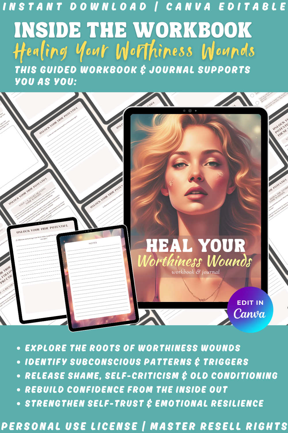 Workbook cover with a woman's face and text about healing worthiness wounds, featuring Canva editing options.