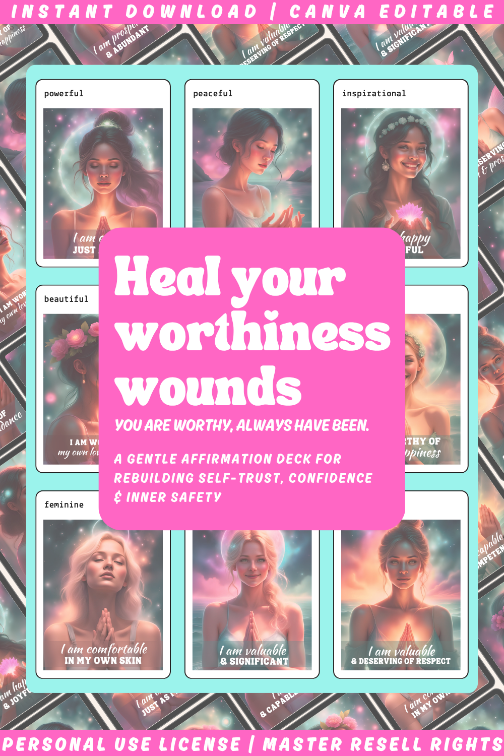 Product packaging for 'Heal your worthiness wounds' affirmation deck with images of women and a pink label.