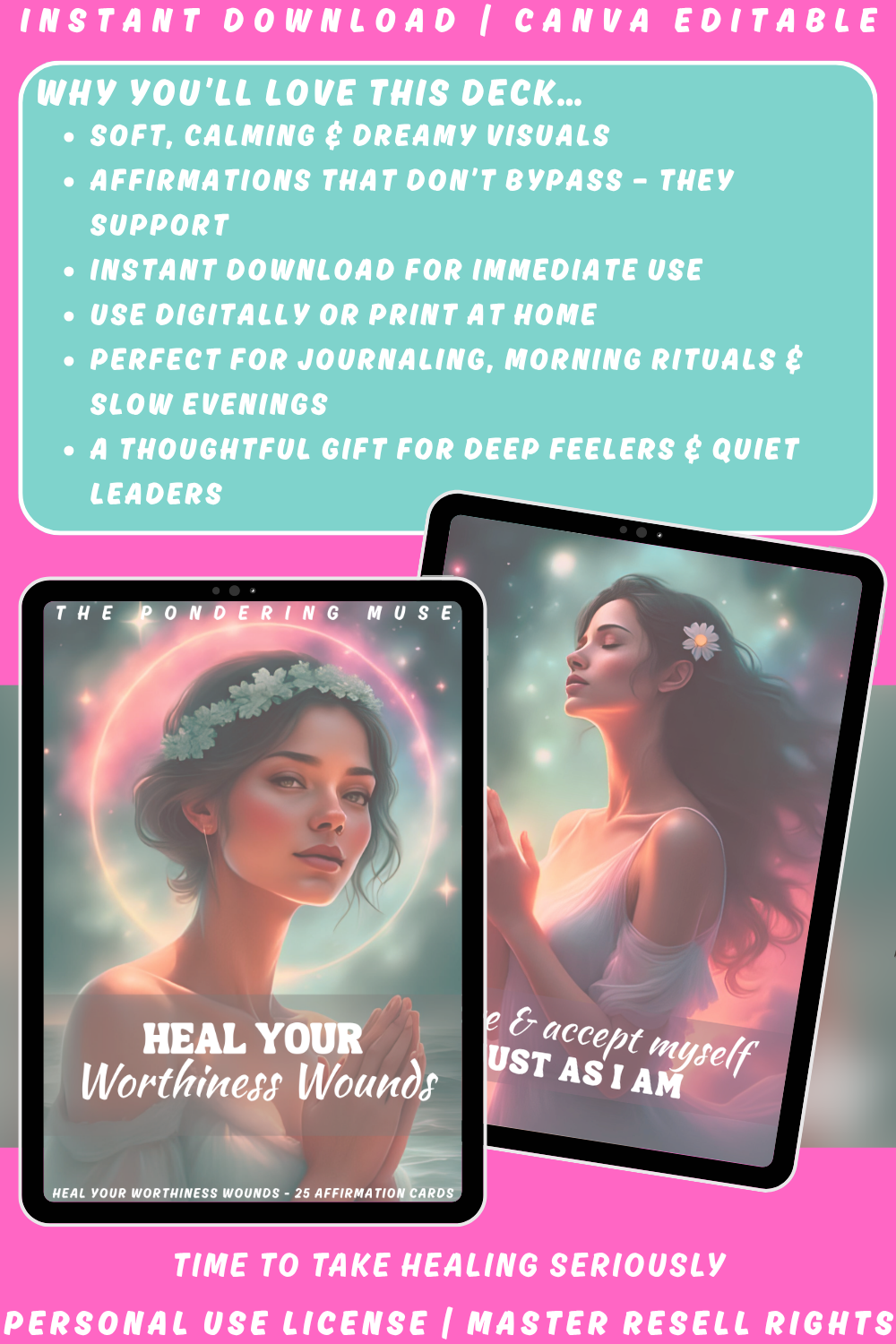 Two cards with affirmations on a pink and blue background. Heal your worthiness wounds. Explaining why you will love this deck.