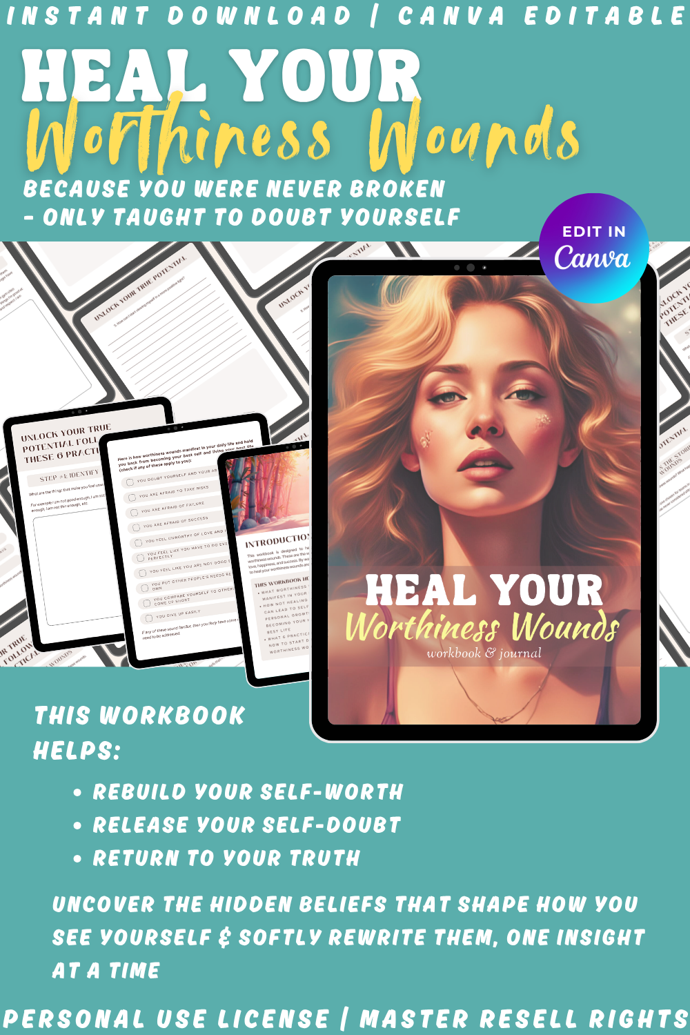 Workbook cover with a woman's face and text about healing worthiness wounds on a teal background.