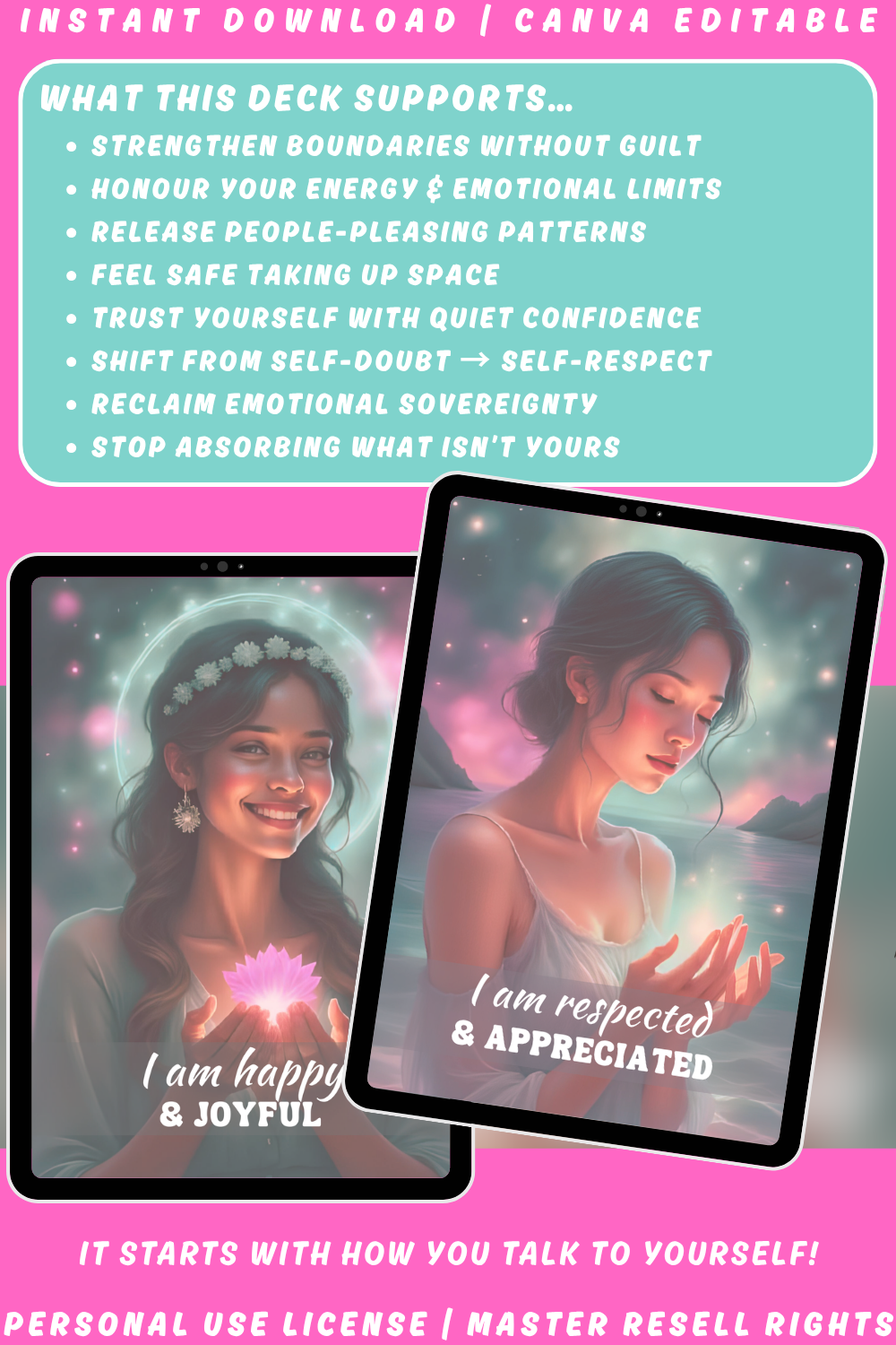Two tablets with women holding flowers and text on a pink and teal background. Heal your worthiness wounds affirmation cards. 