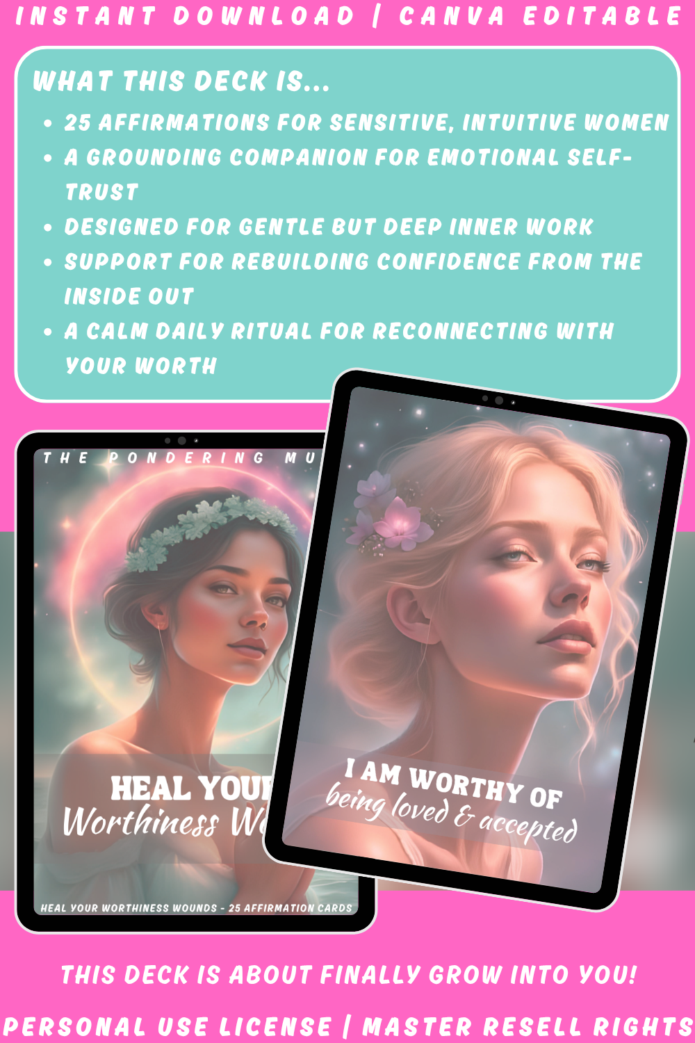 Product packaging with two tablet screens displaying affirmations, on a pink and green gradient background.